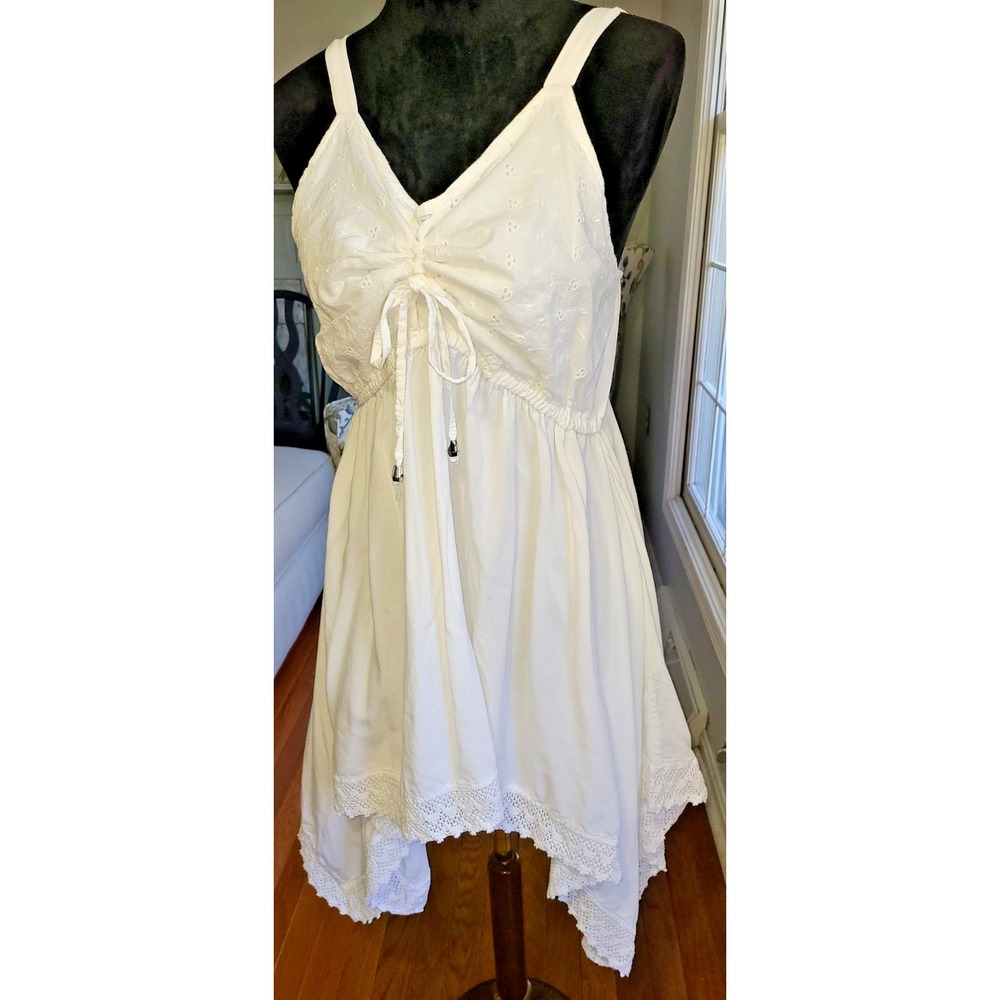 Mini Dress Womens White Lg Lace Sleeveless Beachy Boho Lotus Leaf Babydoll Strap